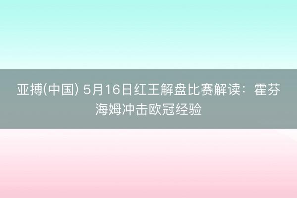亚搏(中国) 5月16日红王解盘比赛解读：霍芬海姆冲击欧冠经验
